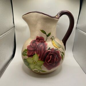 Vintage Ceramic Pottery Floral Painted Pitcher Vase. Cottage & Farmhouse Style.